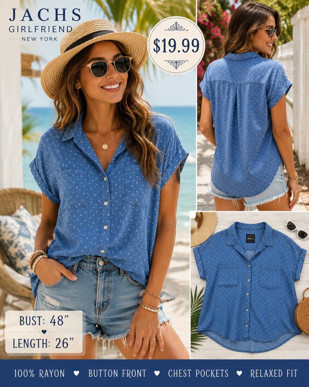 JACHS Girlfriend Womens Large Blue Rayon Button Front Blouse Floral Pocket Top